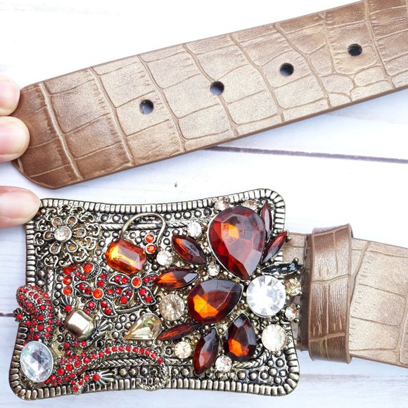 Chico's Accessories - Chico's Bronze Croc Jeweled Buckle Adjustable Belt
